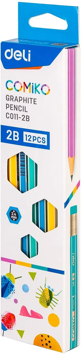 Карандаш ч/г Deli EC011-2B Comiko 2B шестигран. липа ассорти кор.европод. 12шт ластик - фото 4