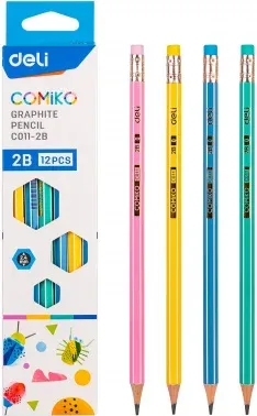 Карандаш ч/г Deli EC011-2B Comiko 2B шестигран. липа ассорти кор.европод. 12шт ластик - фото 5
