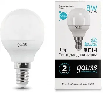 Лампа светодиодная Gauss 8Вт цок.:E14 шар 220B св.свеч.бел.нейт. G45 упак.:1шт 53128 - фото 8
