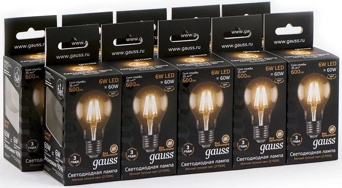Лампа филам. Gauss 6Вт цок.:E27 шар 220B св.свеч.бел.теп. A60 упак.:10шт 102802106 - фото 2