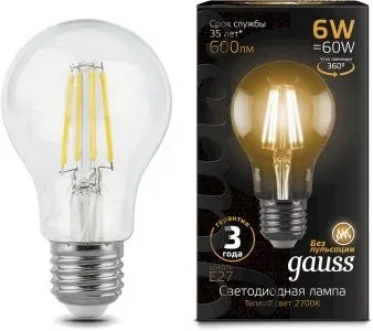 Лампа филам. Gauss 6Вт цок.:E27 шар 220B св.свеч.бел.теп. A60 упак.:10шт 102802106 - фото 5