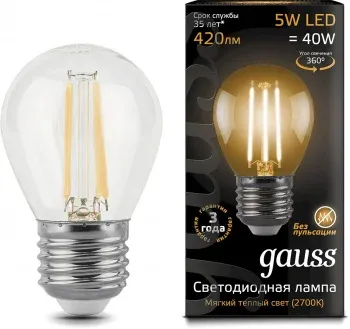 Лампа филам. Gauss 5Вт цок.:E27 шар 220B св.свеч.бел.теп. G45 упак.:10шт 105802105 - фото 6