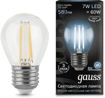 Лампа филам. Gauss 7Вт цок.:E27 шар 220B св.свеч.бел.нейт. G45 упак.:10шт 105802207 - фото 8