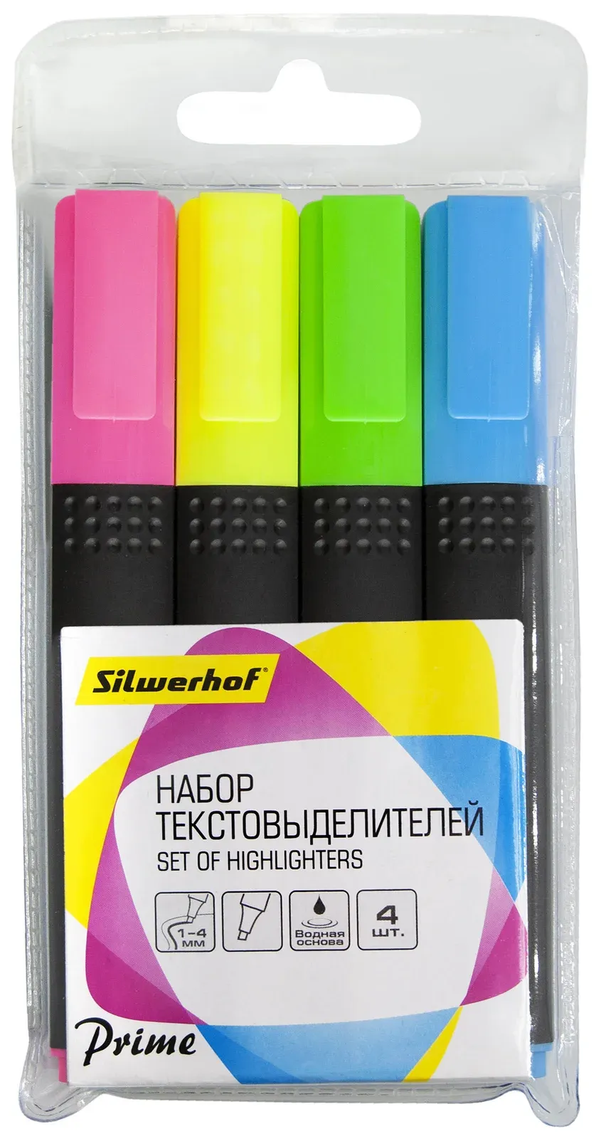 Набор текстовыделителей Silwerhof Prime+ скошенный пиш. наконечник 1-4мм 4цв. ассорти пакет с европодвесом 4шт. - фото 2