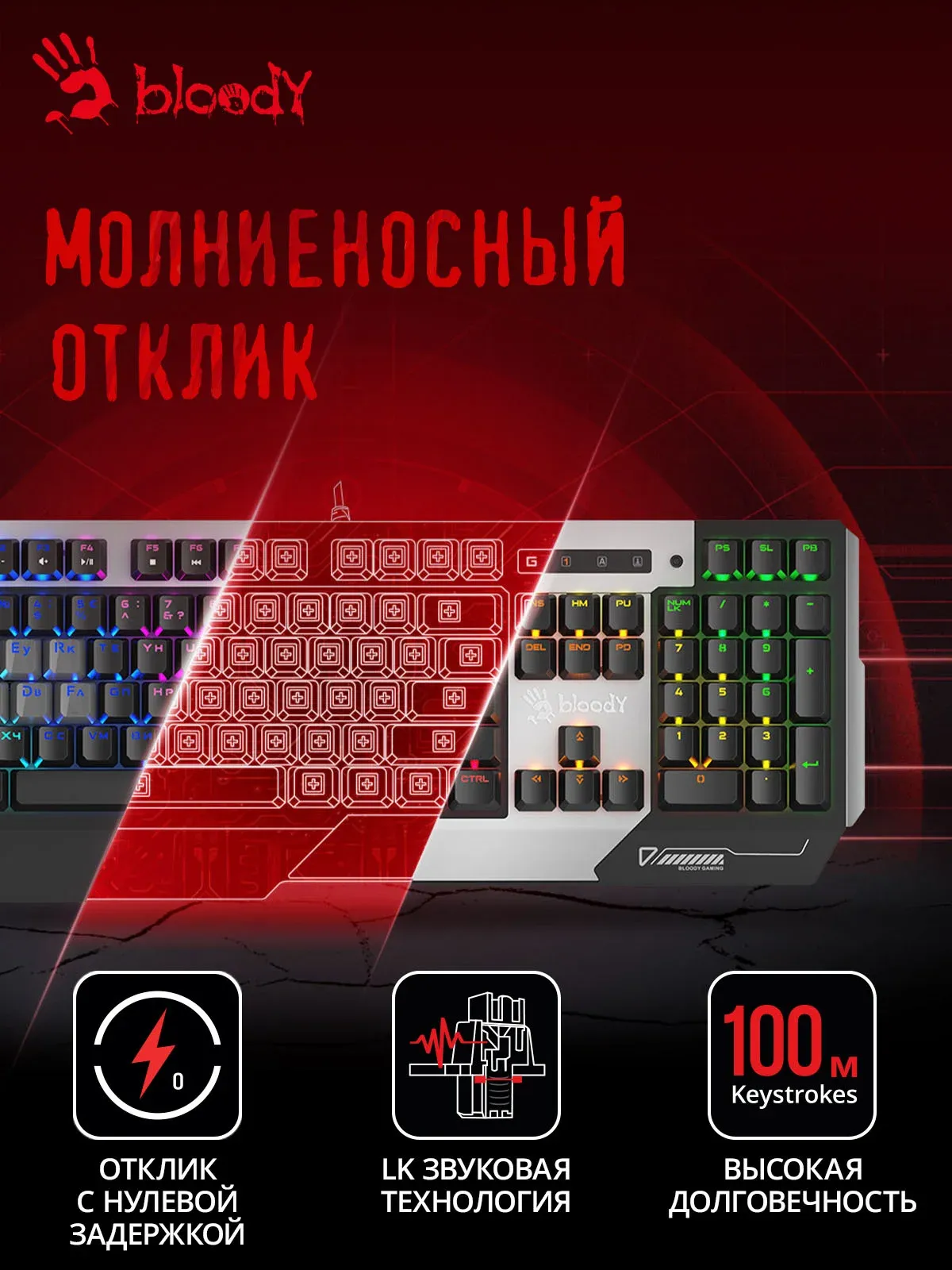 Клавиатура A4Tech B865R механическая серый/черный USB for gamer LED кабель 1.8м - фото 7