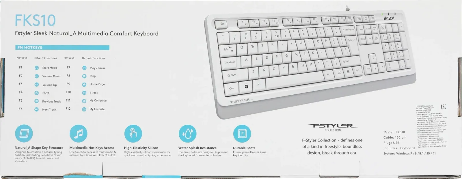 Клавиатура A4Tech FKS10 белый/серый USB подставка для запястий FKS10 WHITE кабель 1.5м - фото 7