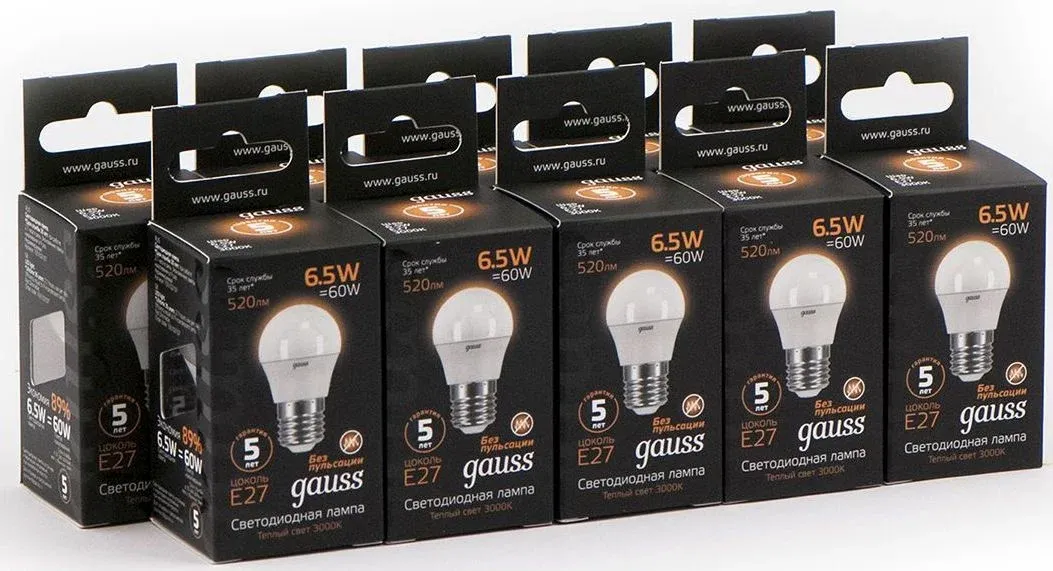 Лампа светодиодная Gauss Black 6.5Вт цок.:E27 шар 220B св.свеч.бел.теп. G45 упак.:10шт 105102107 - фото 5