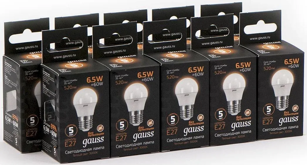 Лампа светодиодная Gauss Black 6.5Вт цок.:E27 шар 220B св.свеч.бел.теп. G45 упак.:10шт 105102107 - фото 6
