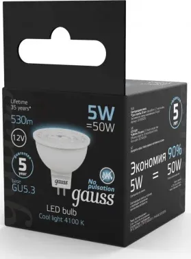 Лампа светодиодная Gauss Black 5Вт цок.:GU5.3 рефлек. 12B св.свеч.бел.нейт. MR16 упак.:10шт 201505205 - фото 7