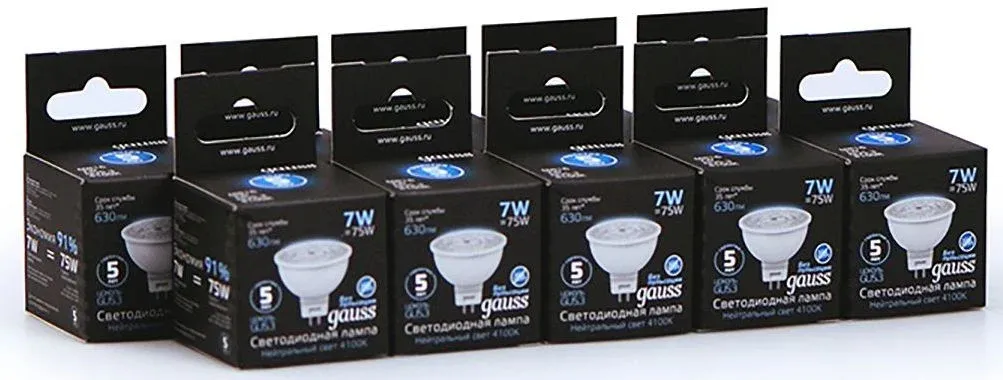 Лампа светодиодная Gauss Black 7Вт цок.:GU5.3 рефлек. 220B св.свеч.бел.нейт. MR16 упак.:10шт 101505207 - фото 5