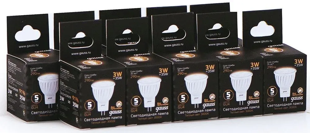 Лампа светодиодная Gauss Black 3Вт цок.:GU4 рефлек. 220B св.свеч.бел.теп. MR11 упак.:10шт 132517103 - фото 7