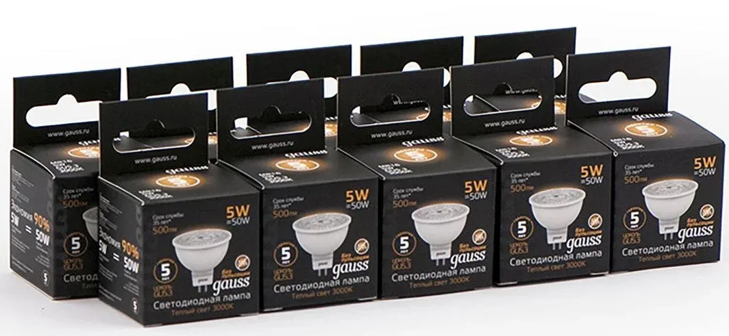Лампа светодиодная Gauss Black 5Вт цок.:GU5.3 рефлек. 220B св.свеч.бел.теп. MR16 упак.:10шт 101505105 - фото 7