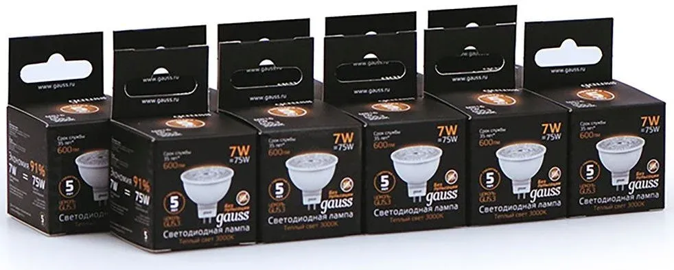 Лампа светодиодная Gauss Black 7Вт цок.:GU5.3 рефлек. 220B св.свеч.бел.теп. MR16 упак.:10шт 101505107 - фото 6