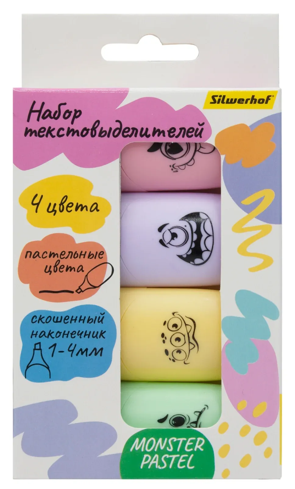 Набор текстовыделителей Silwerhof Monster Pastel 1-4мм 4цв. коробка с европодвесом - фото 1