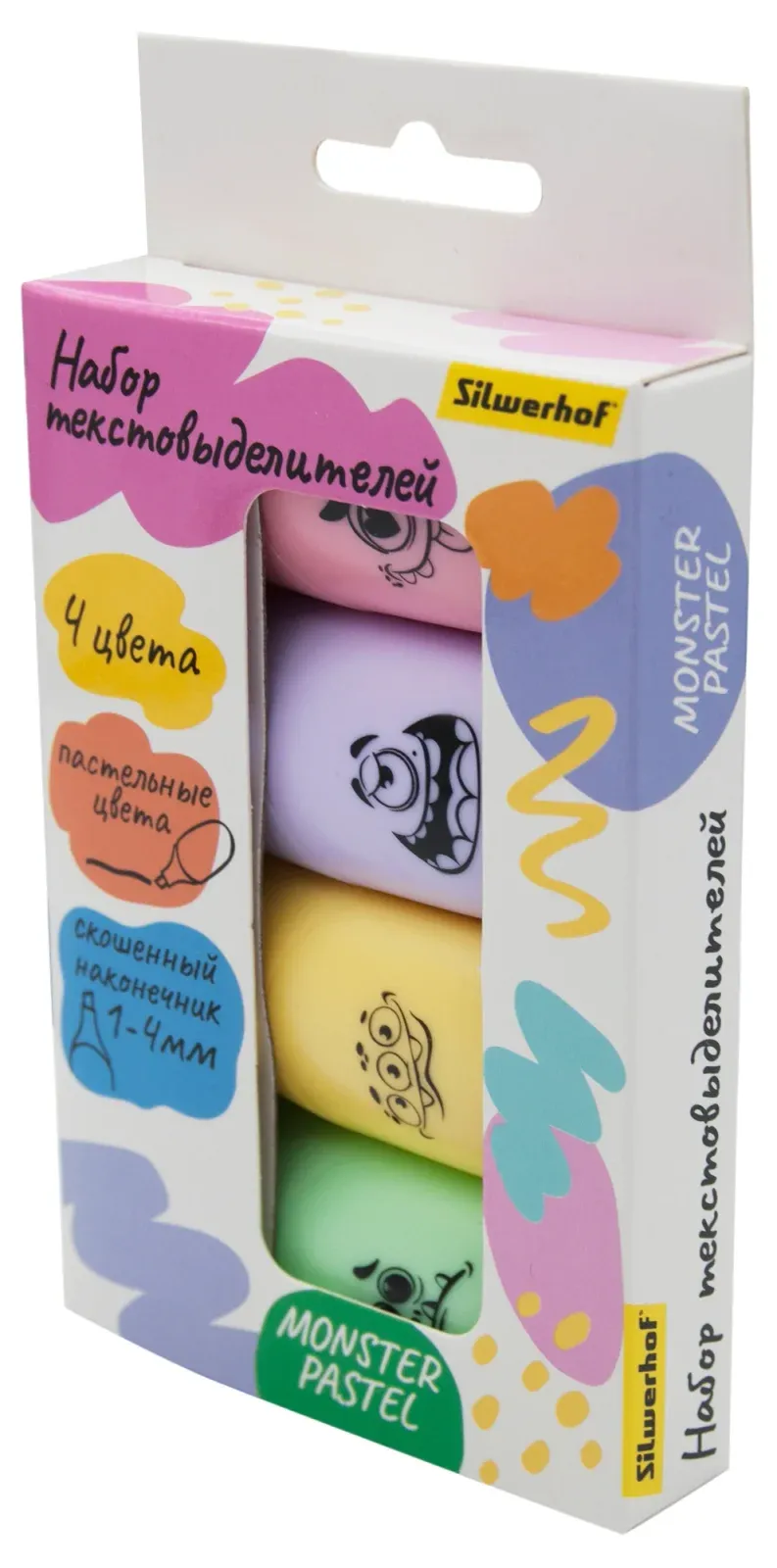 Набор текстовыделителей Silwerhof Monster Pastel 1-4мм 4цв. коробка с европодвесом - фото 2