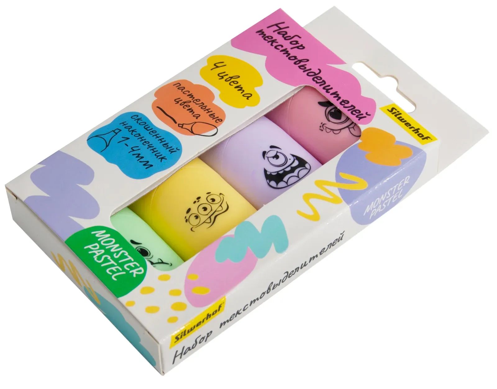 Набор текстовыделителей Silwerhof Monster Pastel 1-4мм 4цв. коробка с европодвесом - фото 3