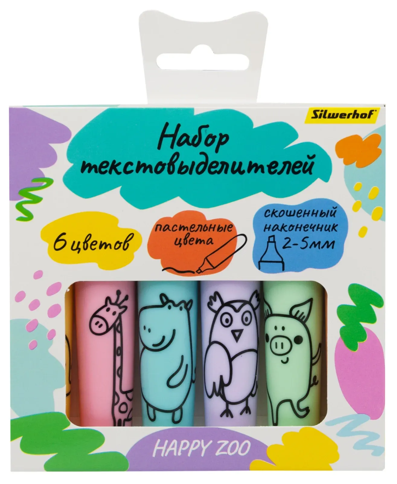 Набор текстовыделителей Silwerhof Happy Zoo 2-5мм тонкий 6цв. ассорти коробка с европодвесом - фото 2