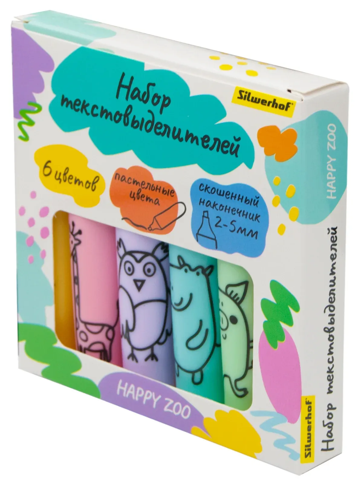 Набор текстовыделителей Silwerhof Happy Zoo 2-5мм тонкий 6цв. ассорти коробка с европодвесом - фото 3
