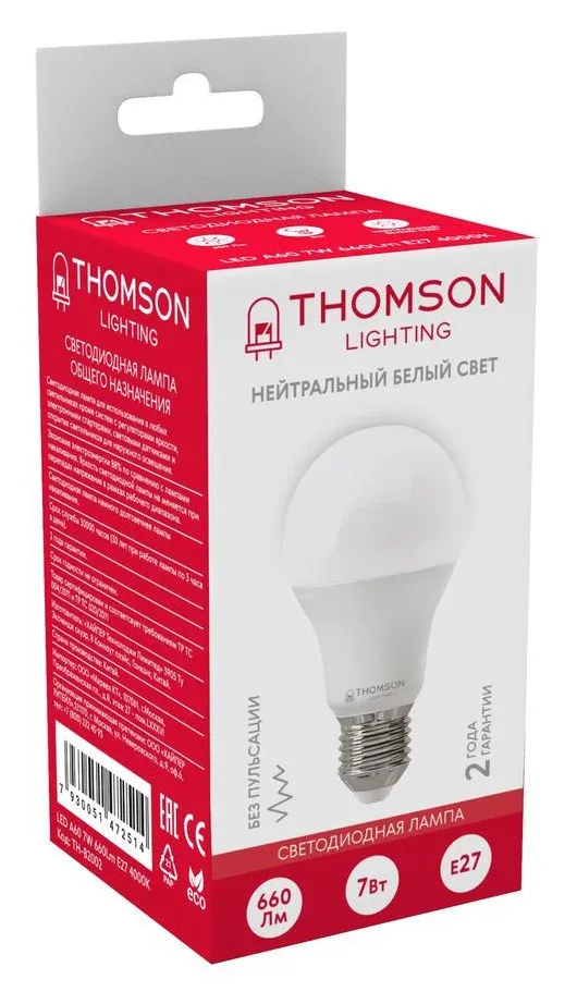 Лампа светодиодная Thomson B2002 7Вт цок.:E27 груша 220B св.свеч.бел.нейт. A упак.:1шт TH-B2002 - фото 2