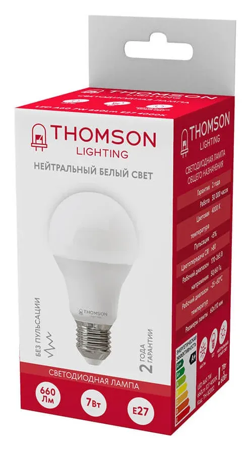 Лампа светодиодная Thomson B2002 7Вт цок.:E27 груша 220B св.свеч.бел.нейт. A упак.:1шт TH-B2002 - фото 3