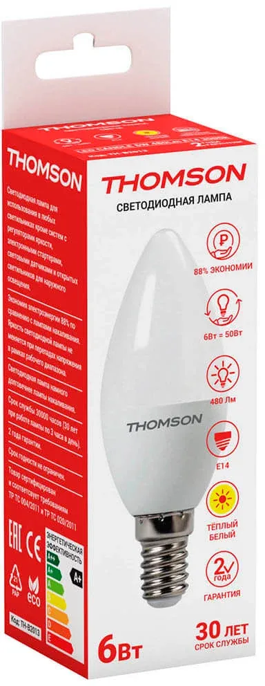 Лампа светодиодная Thomson Candle TH-B2013 6Вт цок.:E14 свеча 220B св.свеч.бел.теп. Candle упак.:1шт - фото 2