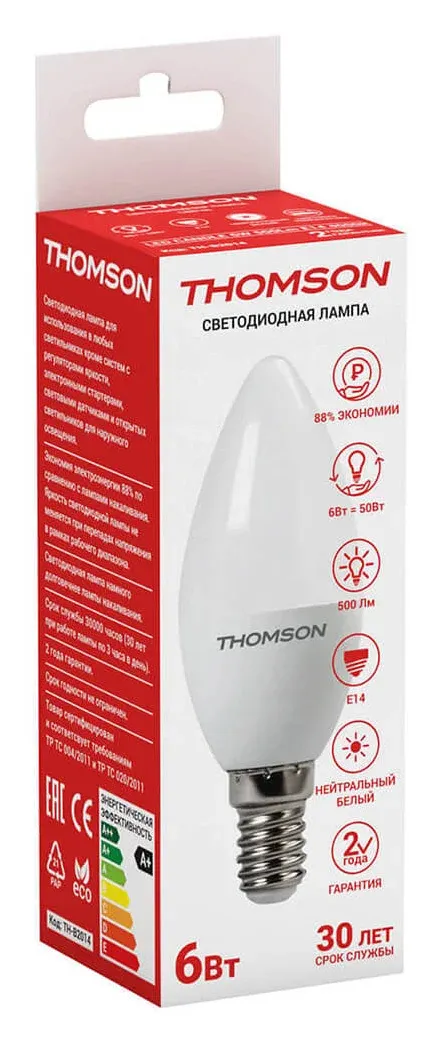 Лампа светодиодная Thomson Candle TH-B2014 6Вт цок.:E14 свеча 220B св.свеч.бел.нейт. C упак.:1шт - фото 2