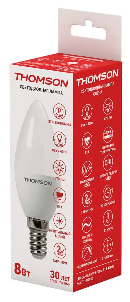 Лампа светодиодная Thomson Candle TH-B2016 8Вт цок.:E14 свеча 220B св.свеч.бел.нейт. C упак.:1шт - фото 2