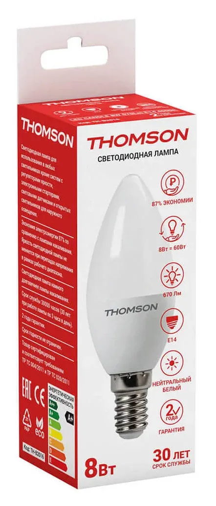 Лампа светодиодная Thomson Candle TH-B2016 8Вт цок.:E14 свеча 220B св.свеч.бел.нейт. C упак.:1шт - фото 3