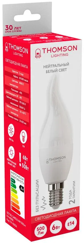 Лампа светодиодная Thomson TH-B2026 6Вт цок.:E14 свеча 220B св.свеч.бел.нейт. Tail Candle - фото 2