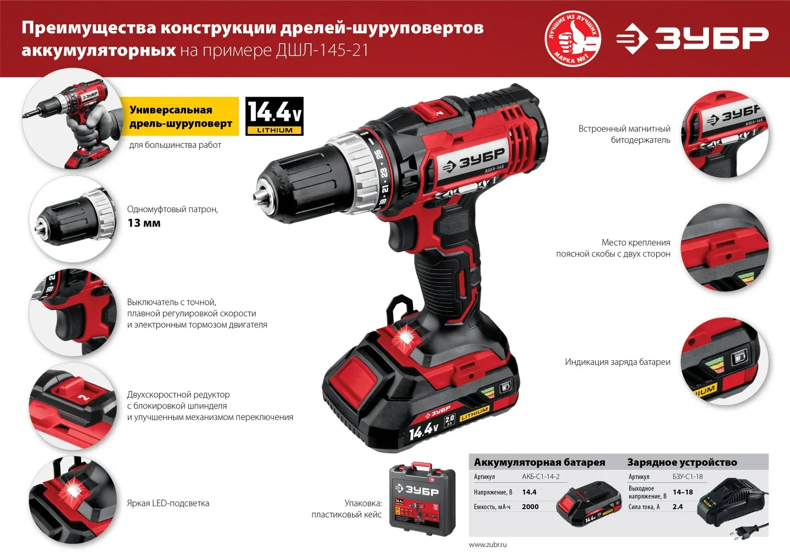 Дрель-шуруповерт Зубр ДШЛ-145-22 аккум. патрон:быстрозажимной кейс в комплекте - фото 6
