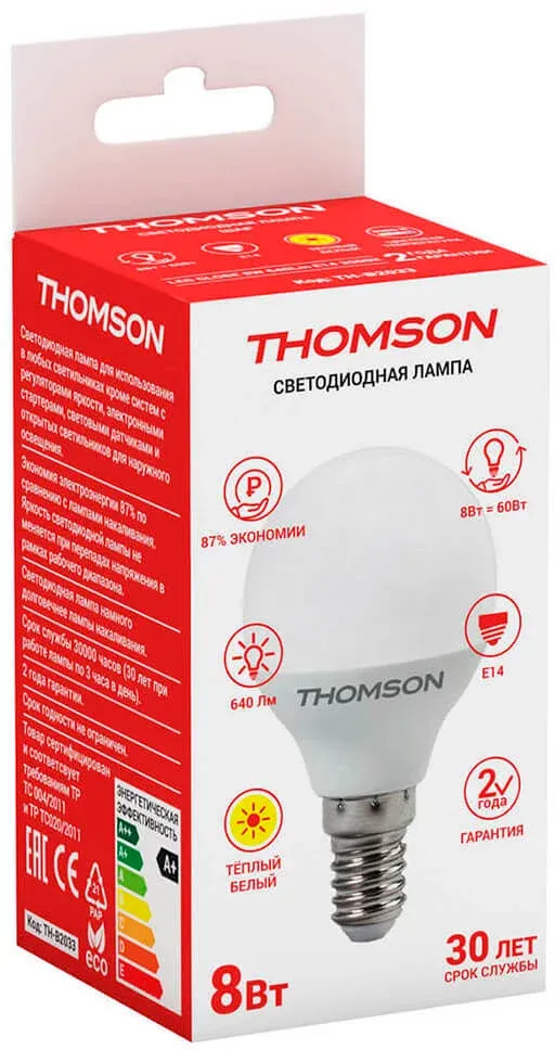 Лампа светодиодная Thomson TH-B2033 8Вт цок.:E14 шар 220B св.свеч.бел.теп. Globe - фото 3