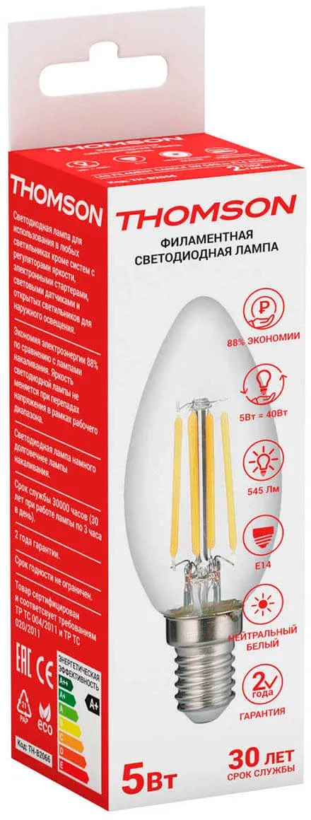 Лампа филам. Thomson Filament TH-B2066 5Вт цок.:E14 свеча 220B св.свеч.бел.нейт. Candle упак.:1шт - фото 2