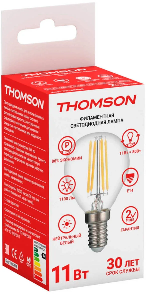 Лампа светодиодная Thomson Filament TH-B2088 11Вт цок.:E14 шар 220B св.свеч.бел.нейт. Globe упак.:1шт - фото 2