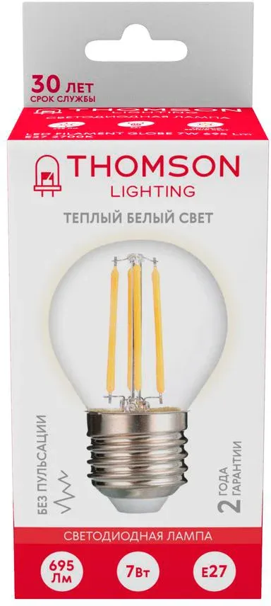 Лампа филам. Thomson Filament TH-B2091 7Вт цок.:E27 шар 220B св.свеч.бел.теп. Globe упак.:1шт - фото 4