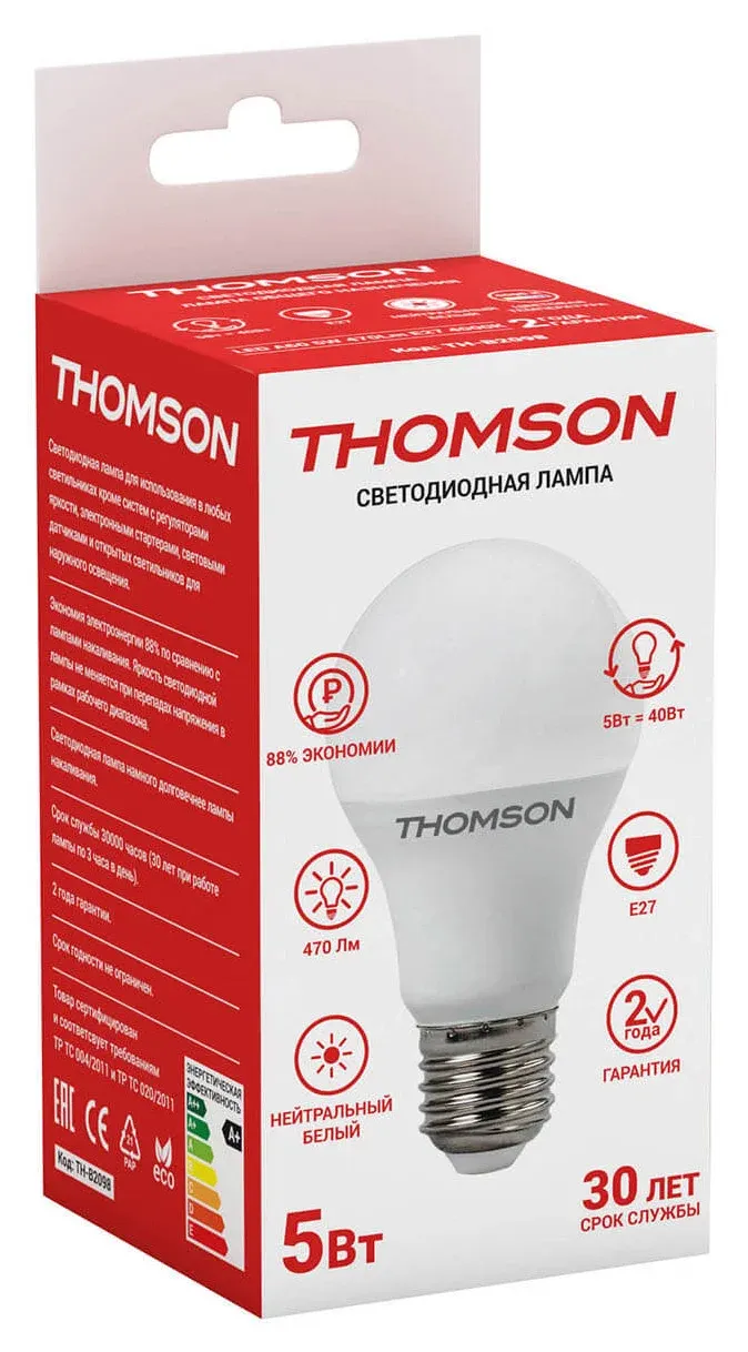 Лампа светодиодная Thomson TH-B2098 5Вт цок.:E27 груша 220B св.свеч.бел.нейт. A упак.:1шт - фото 2