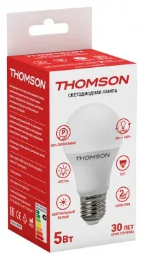 Лампа светодиодная Thomson TH-B2098 5Вт цок.:E27 груша 220B св.свеч.бел.нейт. A упак.:1шт - фото 4