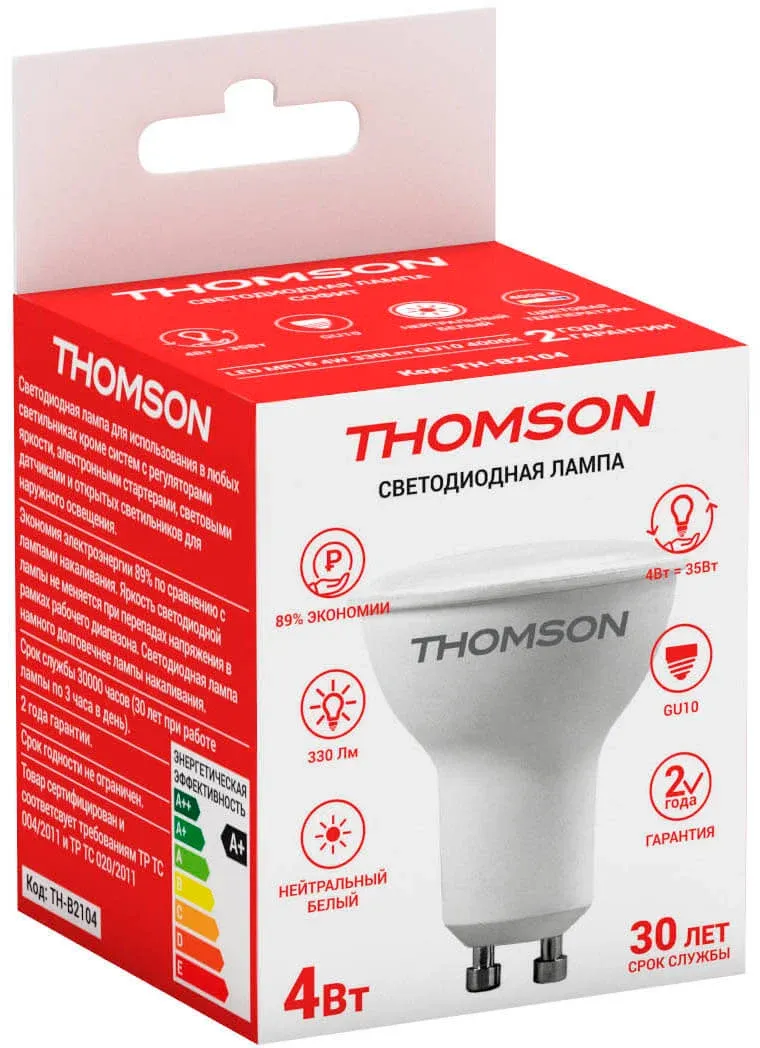 Лампа светодиодная Thomson TH-B2104 4Вт цок.:GU10 рефлек. 220B св.свеч.бел.нейт. MR16 упак.:1шт - фото 2