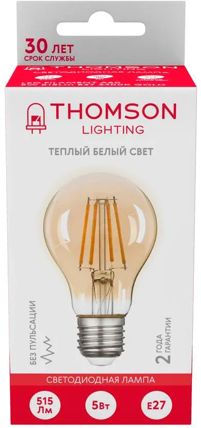 Лампа филам. Thomson Filament TH-B2109 5Вт цок.:E27 груша 220B св.свеч.бел.теп. A60 упак.:1шт - фото 4