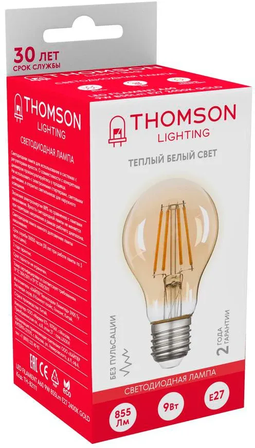 Лампа филам. Thomson Filament TH-B2111 9Вт цок.:E27 груша 220B св.свеч.бел.теп. A60 упак.:1шт - фото 2