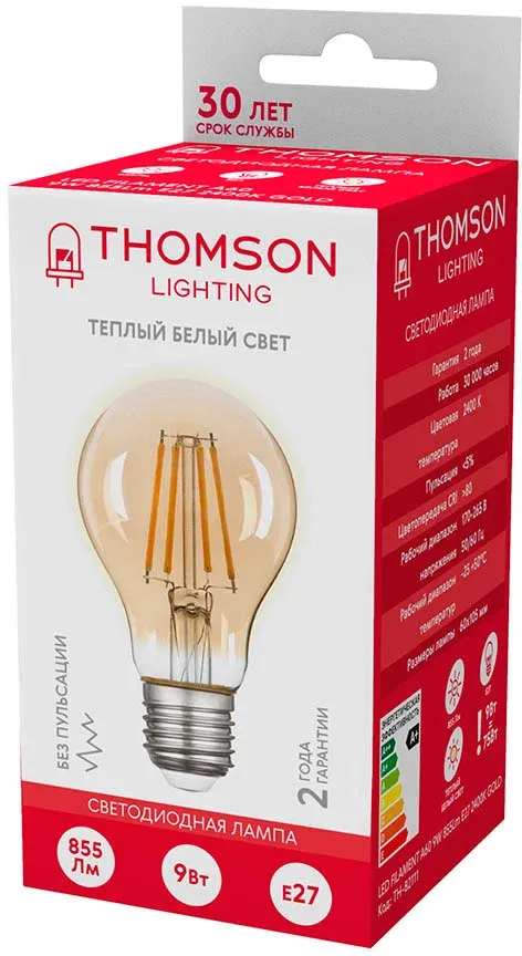 Лампа филам. Thomson Filament TH-B2111 9Вт цок.:E27 груша 220B св.свеч.бел.теп. A60 упак.:1шт - фото 3