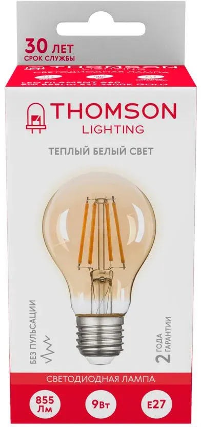 Лампа филам. Thomson Filament TH-B2111 9Вт цок.:E27 груша 220B св.свеч.бел.теп. A60 упак.:1шт - фото 4