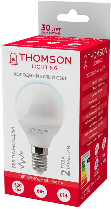 Лампа светодиодная Thomson TH-B2315 6Вт цок.:E14 шар 220B св.свеч.бел.хол. Globe упак.:1шт - фото 2