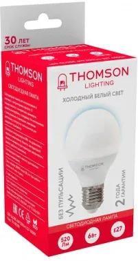 Лампа светодиодная Thomson TH-B2318 6Вт цок.:E27 шар 220B св.свеч.бел.хол. Globe упак.:1шт - фото 7