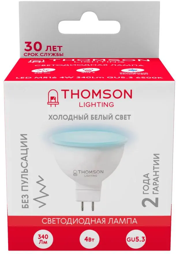 Лампа светодиодная Thomson TH-B2321 4Вт цок.:GU5.3 рефлек. 220B св.свеч.бел.хол. MR16 упак.:1шт - фото 3