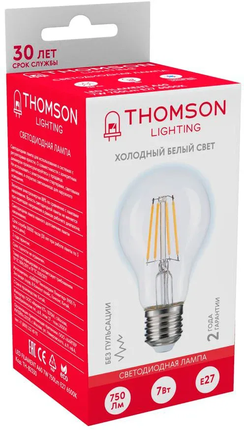 Лампа филам. Thomson Filament TH-B2330 7Вт цок.:E27 груша 220B св.свеч.бел.хол. A60 упак.:1шт - фото 2