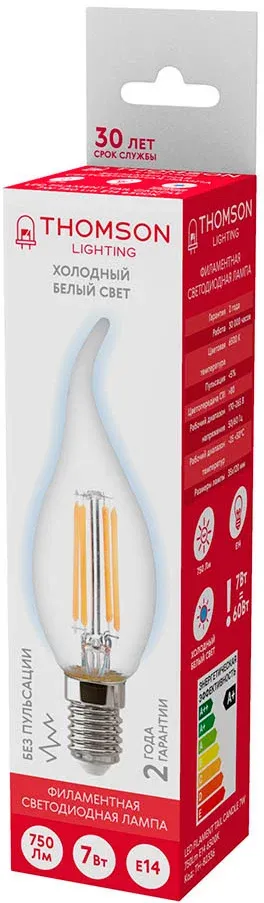 Лампа филам. Thomson Filament TH-B2336 7Вт цок.:E14 свеча 220B св.свеч.бел.хол. Tail Candle упак.:1шт - фото 3