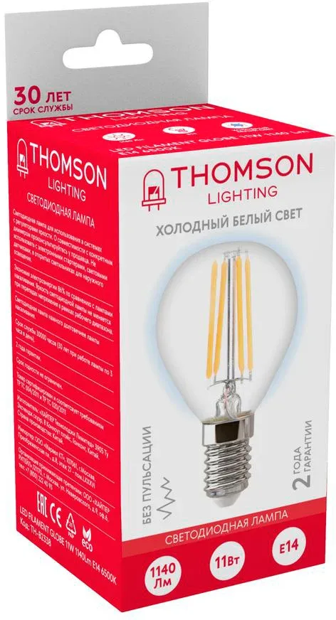 Лампа филам. Thomson Filament TH-B2338 11Вт цок.:E14 шар 220B св.свеч.бел.хол. Globe упак.:1шт - фото 3