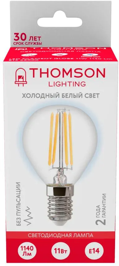 Лампа филам. Thomson Filament TH-B2338 11Вт цок.:E14 шар 220B св.свеч.бел.хол. Globe упак.:1шт - фото 4