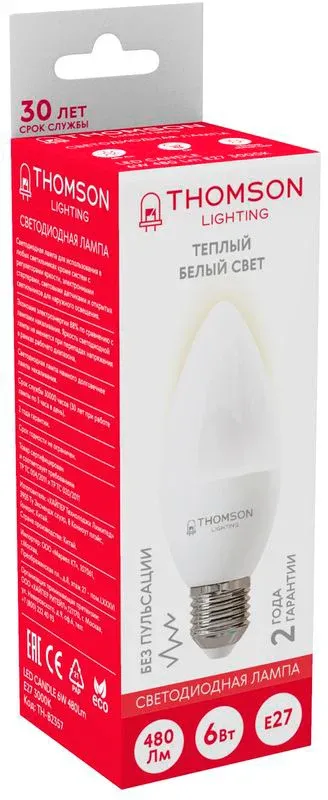 Лампа светодиодная Thomson TH-B2357 6Вт цок.:E27 свеча 220B св.свеч.бел.теп. Candle упак.:1шт - фото 2