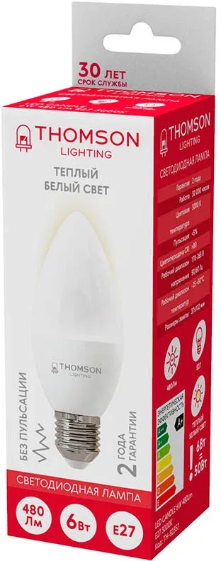 Лампа светодиодная Thomson TH-B2357 6Вт цок.:E27 свеча 220B св.свеч.бел.теп. Candle упак.:1шт - фото 3